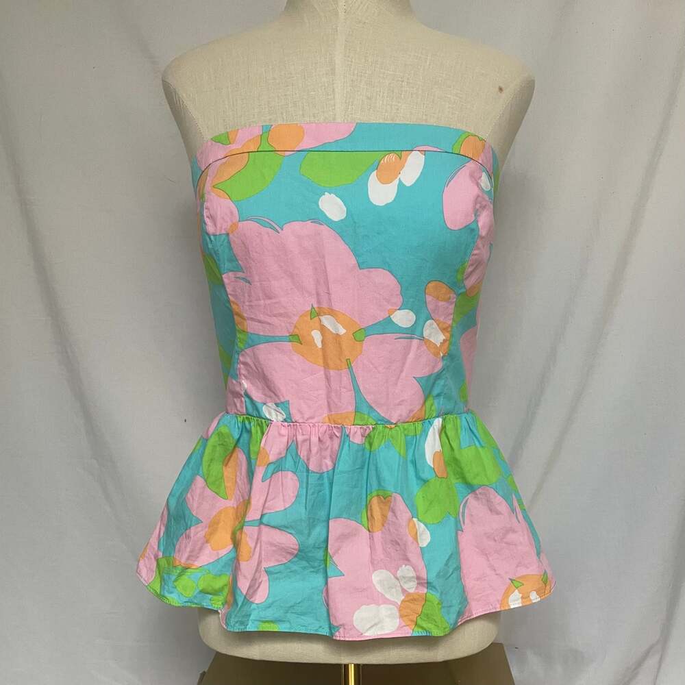 Lilly Pulitzer Floral Print 100% Cotton Strapless Peplum Top Sz 6 Preppy Summer